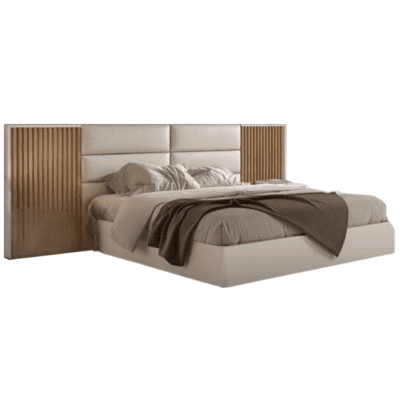 Cama Narta Lacado Mate Branco c/ Estofo+Painel Carvalho Ripado