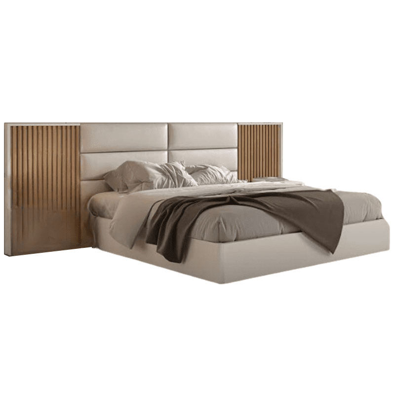 Cama Narta Lacado Mate Branco c/ Estofo+Painel Carvalho Ripado